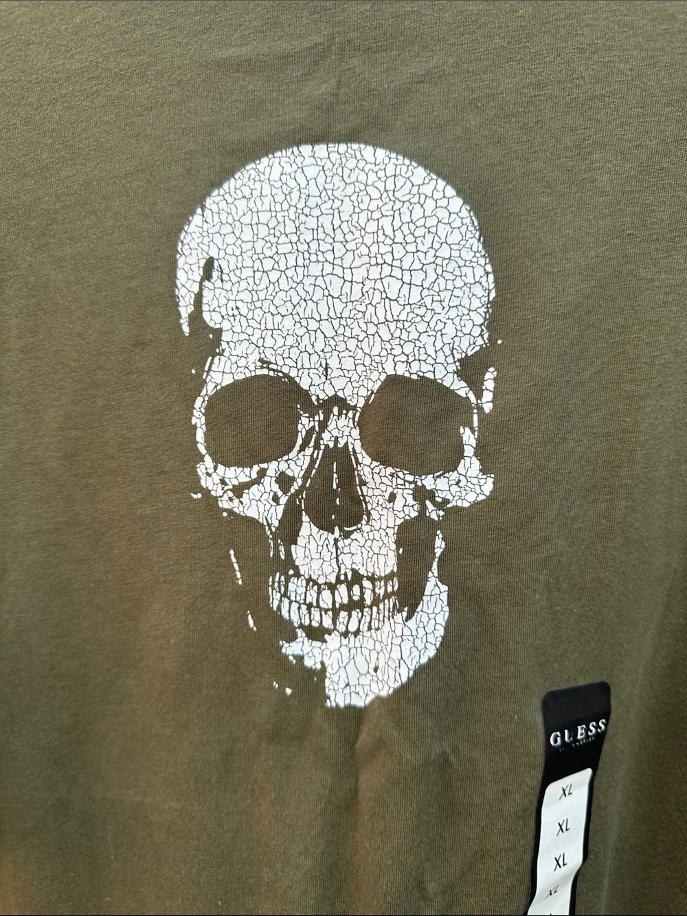 New Guess Olive Green Short Sleeve Tee with White Skull Graphic - Picture 3 of 4